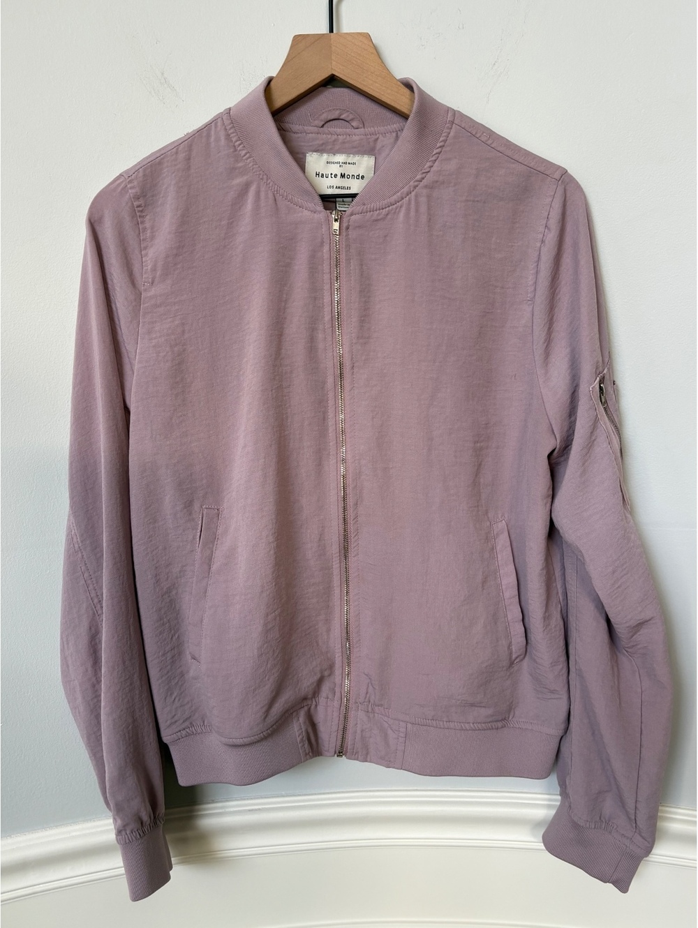 Haute Monde Women's Mauve Bomber Jacket Size Large 100% Polyester Zip Sleeve Pkt
